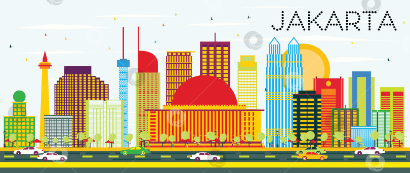 Скачать Горизонт Джакарты с цветными зданиями и голубым небом. фотосток Ozero