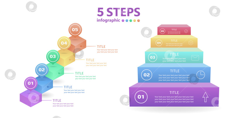 Скачать 5 шагов. Набор бизнес-инфографики. Лестницы из 5 ступеней. 3 D. Векторная иллюстрация. фотосток Ozero