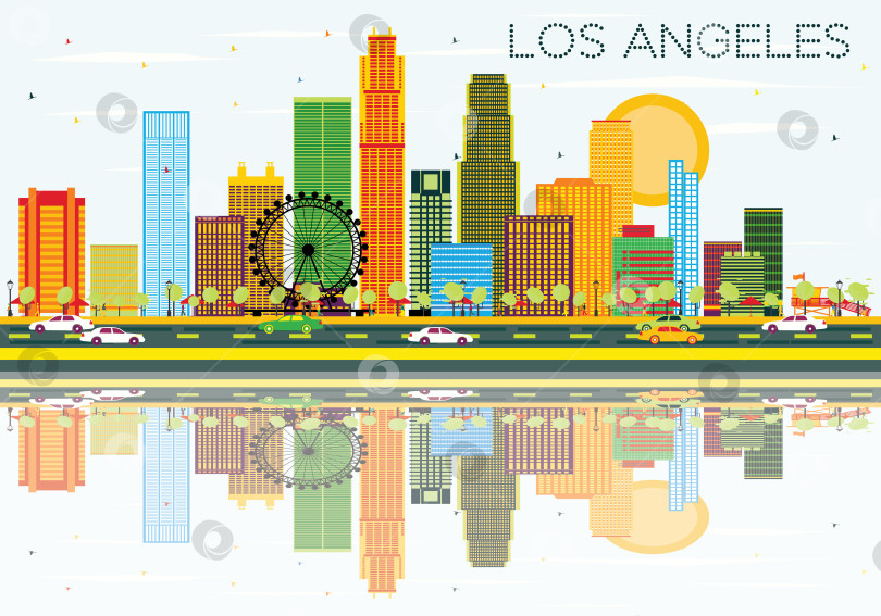 Скачать Горизонт Лос-Анджелеса с цветными зданиями, голубым небом и отражениями фотосток Ozero