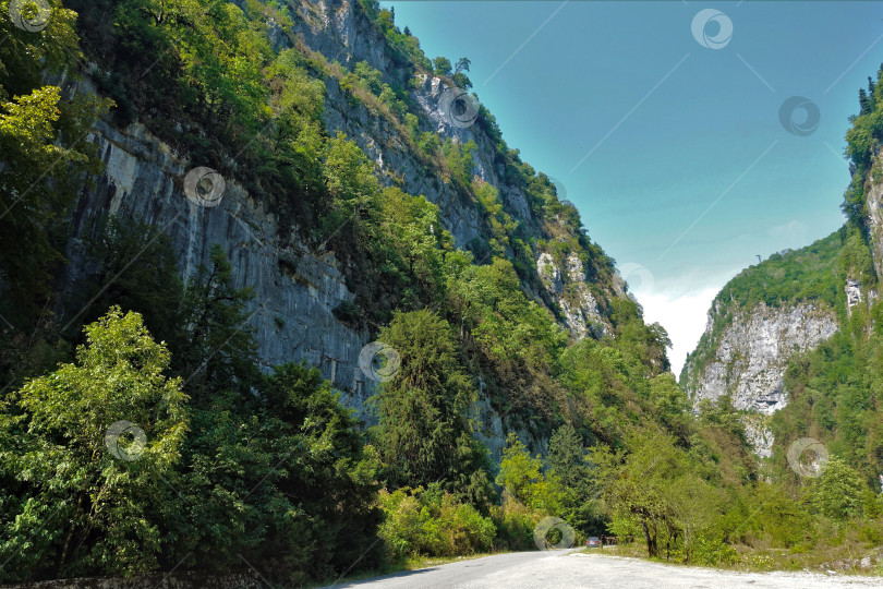 Скачать Живописное ущелье в Абхазии. Дорога проходит между крутыми скалистыми утесами. фотосток Ozero