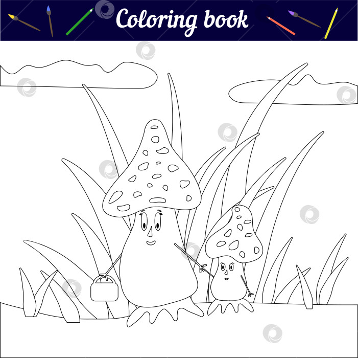 Скачать Забавная книжка-раскраска для детей. Гуляет семейство грибов. Черно-белая векторная иллюстрация для страницы с детской игрой. Сказочные персонажи фотосток Ozero
