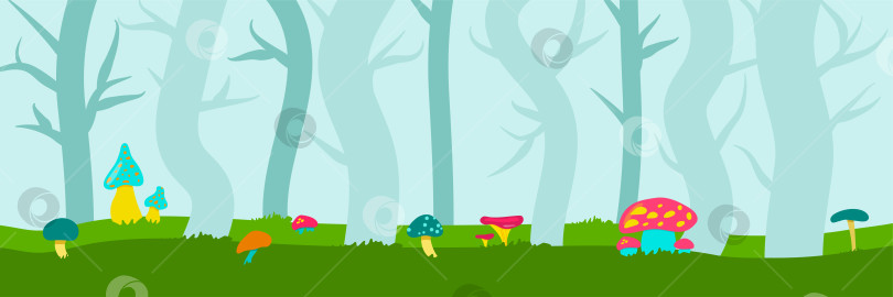 Скачать Сказочный баннер с яркими грибами в лесу. Фон для детской игры. Мистический лес. Векторная иллюстрация. фотосток Ozero