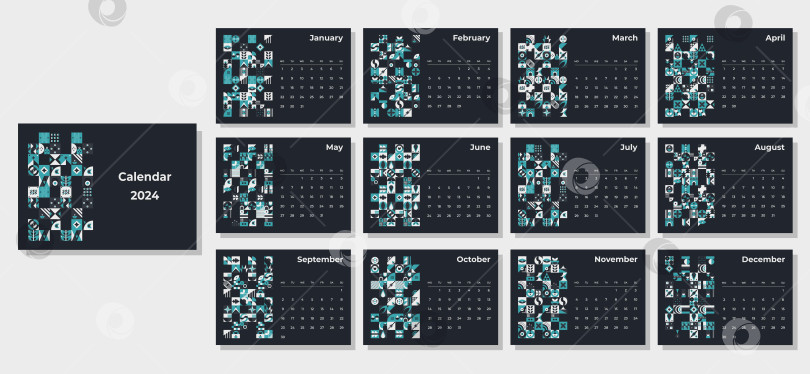 Скачать Календарь на 2024 год с геометрическими узорами. Шаблон ежемесячного календаря на 2024 год с геометрическими фигурами. фотосток Ozero