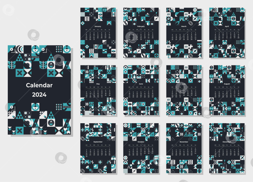 Скачать Календарь на 2024 год с геометрическими узорами. Шаблон ежемесячного календаря на 2024 год с геометрическими фигурами. фотосток Ozero