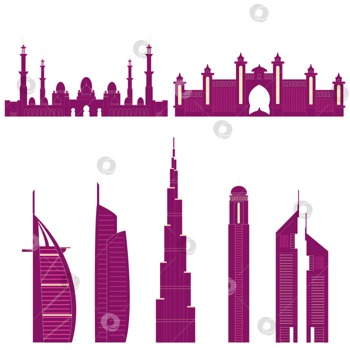Скачать Силуэт города Дубай. Векторная иллюстрация со всеми известными башнями. Городской пейзаж. ОАЭ. фотосток Ozero