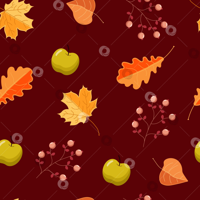 Скачать Осенний узор с листьями, яблоками и ягодами. фотосток Ozero