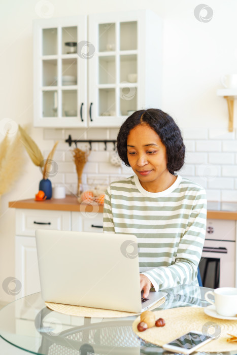 Скачать Афроамериканка сосредоточилась на удаленной работе, сидя на кухне и используя ноутбук фотосток Ozero