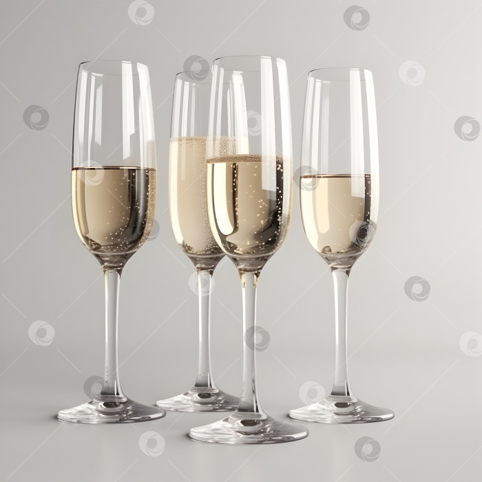 Скачать Набор бокалов для шампанского. Высокие прозрачные бокалы для шампанского на сером фоне. Праздничный баннер с игристым вином, созданный для открытки, плаката, веб-сайта. Праздничное настроение. фотосток Ozero