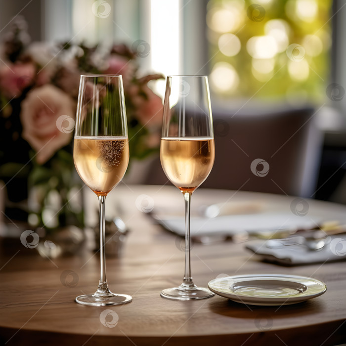 Скачать Сервировка свадебного стола с двумя бокалами розового шампанского на столе в ресторане с букетом розовых роз позади. Свадебная романтическая иллюстрация с игристым вином и розами. Концепция свадьбы. Искусственный интеллект фотосток Ozero