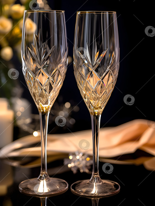 Скачать Иллюстрация двух пустых высоких свадебных бокалов для шампанского на темном фоне. Праздничный баннер с бокалами для игристого вина для открытки, плаката, веб-сайта. Настроение праздничное, романтичное. Порождающий искусственный интеллект фотосток Ozero