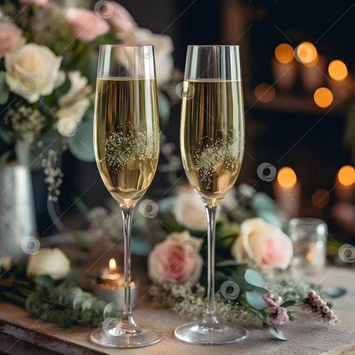Скачать Сервировка свадебного стола с бокалами шампанского и розами. Романтическая свадебная иллюстрация с двумя бокалами игристого вина и розовыми розами. Концепция свадьбы. Искусственный интеллект фотосток Ozero