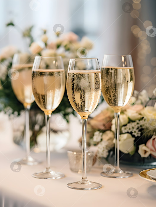 Скачать Сервировка свадебного стола с набором бокалов для шампанского и белыми розами на скатерти из натурального льна. Романтическая свадебная иллюстрация с набором бокалов с игристым вином и розами. Концепция свадьбы. Искусственный интеллект фотосток Ozero