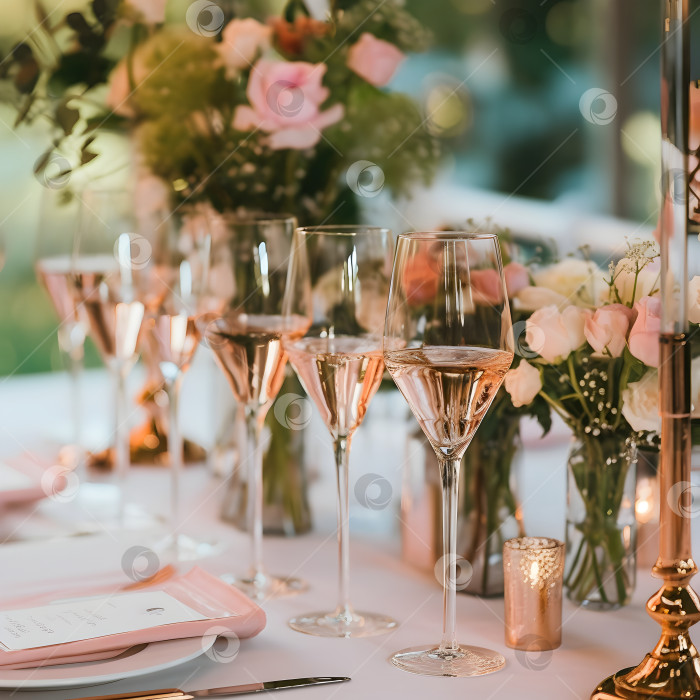 Скачать Сервировка свадебного стола с бокалами розового шампанского, розами и свечами на скатерти из натурального льна. Романтическая свадебная иллюстрация с игристым вином, розовыми розами и свечами. Концепция свадьбы. Искусственный интеллект фотосток Ozero