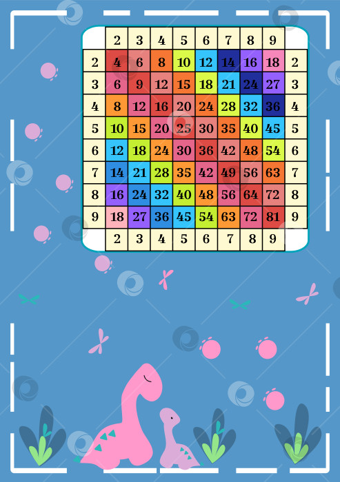 Скачать Квадратная таблица умножения с таблицей динозавров из мультфильма, плакат с математическими примерами для печати учебных материалов в школе или дома. Развивающая карточка с динозаврами, стрекозами, следами ног фотосток Ozero