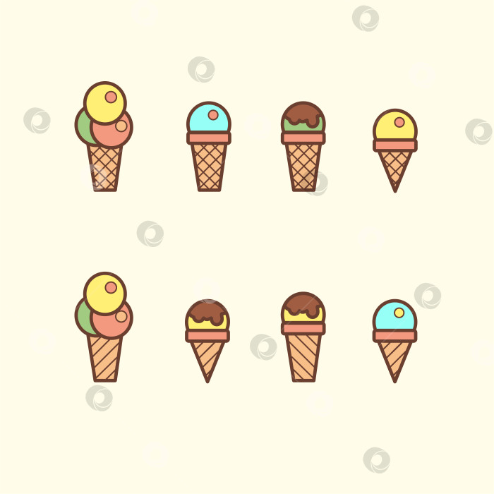 Скачать Набор мороженого Doodle set с различными видами мороженого в вафельном рожке, чашечном мороженом, эскимо, пломбире. Стиль эскиза. Нарисованная от руки векторная иллюстрация для меню кафе, открытки, украшения поздравительной открытки на день рождения. фотосток Ozero