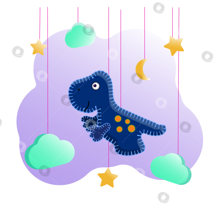 Скачать Голубой тираннозавр в стиле фетровой игрушки с вышивкой нитками. Среди облаков и звезд. Украшение для детской комнаты, плакат, печать на детской одежде. Симпатичная векторная иллюстрация динозавра фотосток Ozero