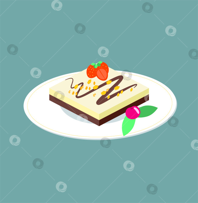 Скачать Шоколадный десерт на белом блюдце с шоколадом и клубникой на голубом фоне. Иллюстрация квадратного кекса, изолированного на слое. Векторная выпечка сладостей для открыток, Интернета, приложений фотосток Ozero
