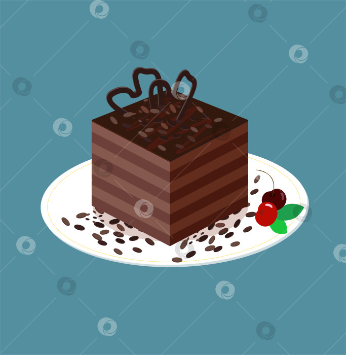 Скачать Шоколадный бисквитный торт с коржами и вишней. Кубик какао-желе и листики мяты. Векторная иллюстрация десерта на тарелке в изометрическом стиле. Слоеный шоколадный торт. Для меню, кондитерских изделий, игровых приложений. фотосток Ozero