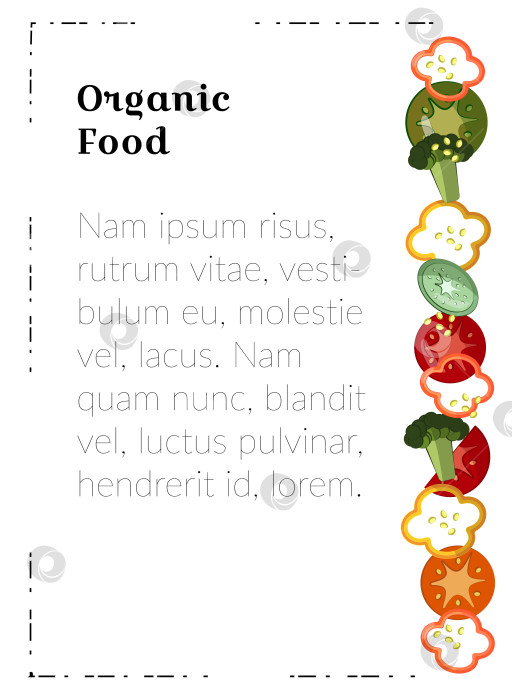 Скачать Органическая пища. Шаблон плаката формата А4. Продукты питания для маркетинговых материалов. Перец, помидоры, брокколи - плоские овощи для вегетарианского меню ресторана, реклама, обложки. Дизайн с использованием полезных натуральных продуктов фотосток Ozero