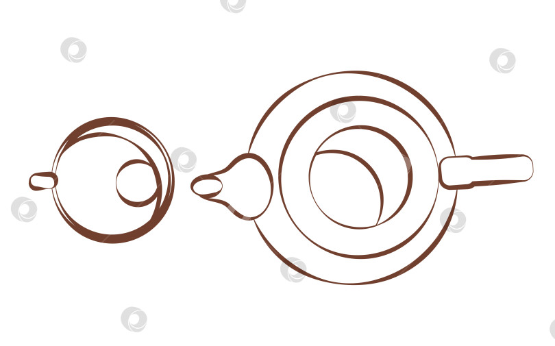 Скачать Чайник, чашка, вид сверху. Посуда для чаепития. Иллюстрации к приготовлению ароматизированного напитка. Линейный значок, выделенный на белом фоне. Векторная открытка для дизайна меню кафе или книжки-раскраски пекарни. фотосток Ozero