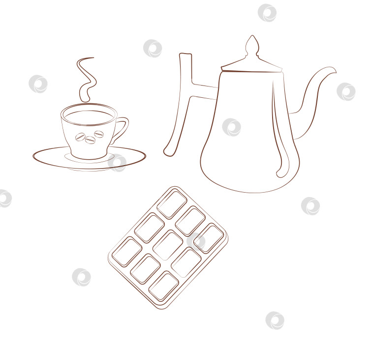 Скачать Сервиз для завтрака: чашка кофе с блюдцем, кофейник и шоколад на белом фоне. Контурная эмблема. Векторная иллюстрация горячего шоколада или какао для раскрашивания, оформления открыток или меню. фотосток Ozero