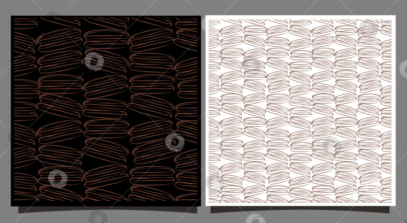 Скачать Миндальное печенье с бесшовным рисунком. Французские шоколадные макароны на заднем плане. Коричневый рисунок на черно-белом фоне для упаковки, кулинарного блога и оформления стен. Векторная иллюстрация кондитерских изделий фотосток Ozero