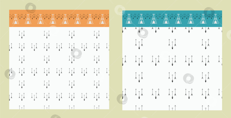 Скачать Бесшовный узор со стрелками и кисточкой с вигвамами для декора стен в детской комнате. Пример обоев, ковра, текстиля. Векторная иллюстрация для заливки узоров, фон блога. Открытки в стиле бохо фотосток Ozero