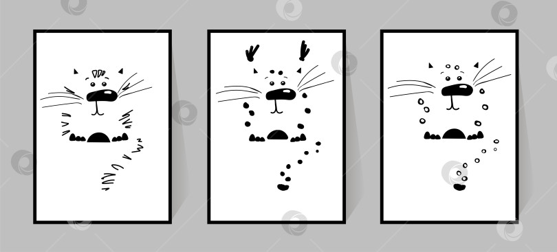 Скачать Силуэты мультяшных диких животных. Монохромный плакат с кошками. Забавные персонажи для печати наклеек на стены, открыток и узоров на одежде, тканях. Тигр, леопард, рысь. фотосток Ozero