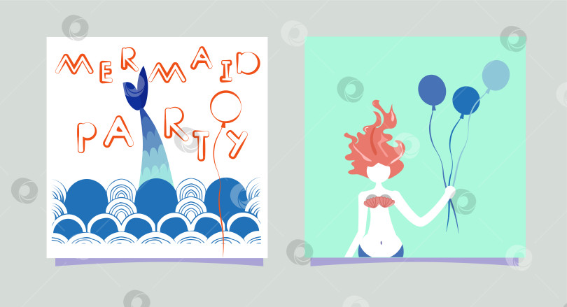 Скачать Набор мультяшной девочки-русалки с воздушными шарами. Надпись Mermaid party. Сирена летнего времени с открытками с принтом волос, приглашениями на вечеринки. Волны и характер в скандинавском стиле. Векторная иллюстрация фотосток Ozero
