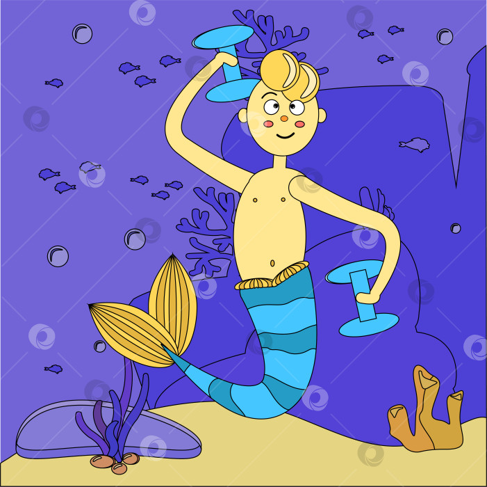 Скачать Морской пейзаж. Мультяшный парень-русалка занимается спортом под водой. Мужчина с хвостом, гантелями. Пузыри, рыба, камни и водоросли. Векторная иллюстрация с черным контуром. Сказочный мальчик-сирена. фотосток Ozero