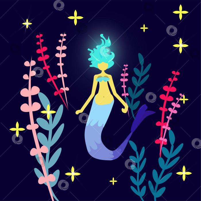 Скачать Принт "Русалка". Мультяшный персонаж сирена. Девушка с голубыми волосами и хвостом. Подводный мир. Разноцветные водоросли. Иллюстрация для открытки, плаката, настенного декора или текстильного дизайна. Сказочная женщина фотосток Ozero