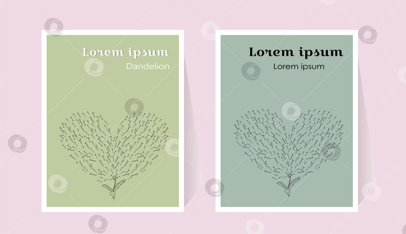 Скачать Цветущее растение. Одуванчик ручной работы в стиле каракули. Летящие лепестки в форме сердца. Шаблон летней открытки. Набор плакатов зеленого и серого цветов. Ботанический набросок. Черный контур травяного цвета. Простой рисунок фотосток Ozero