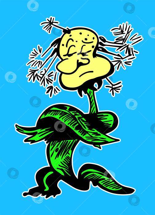 Скачать Набросок одуванчика. Мультяшный персонаж. Сердитый цветок для плаката. Черный контур на синем фоне. Открытка, принт на одежде, значок, логотип или наклейка. Дизайн с растением. Иллюстрация ручного рисунка фотосток Ozero