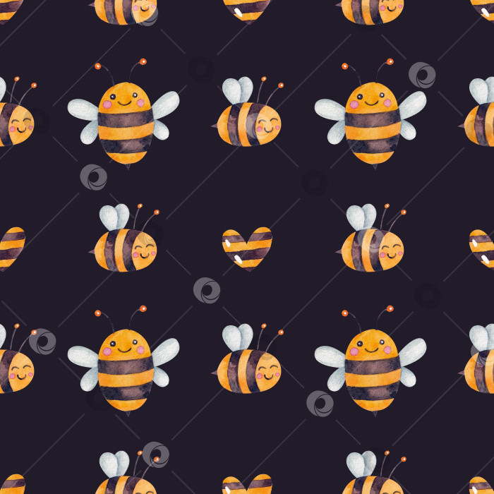 Скачать Бесшовный узор с пчелами и полосатым сердцем на черном фоне. фотосток Ozero