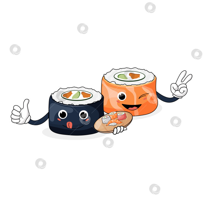 Скачать Набор забавных симпатичных суши и роллов со смайликом. Блюда традиционной японской кухни. фотосток Ozero