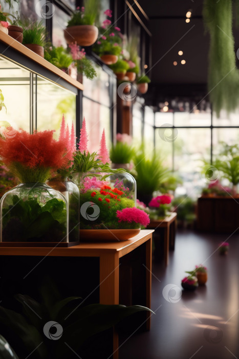 Скачать Помещение большого цветочного магазина, в котором продаются различные виды растений и флорариумы. Порождающий искусственный интеллект фотосток Ozero