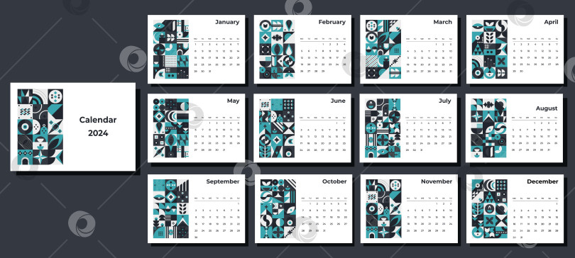 Скачать Календарь на 2024 год с геометрическими узорами. Шаблон ежемесячного календаря на 2024 год с геометрическими фигурами. фотосток Ozero