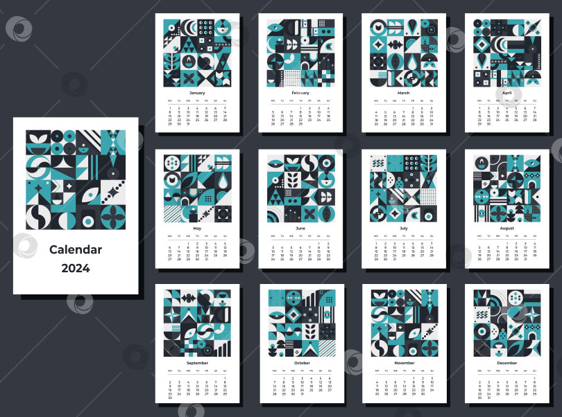 Скачать Календарь на 2024 год с геометрическими узорами. Шаблон ежемесячного календаря на 2024 год с геометрическими фигурами. фотосток Ozero