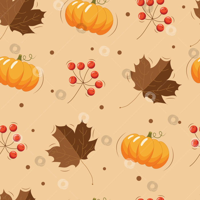 Скачать Осенний узор с листьями, тыквами и ягодами. фотосток Ozero