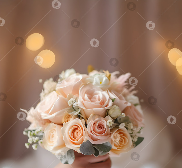 Скачать Рука, держащая нежный свадебный букет невесты с пастельно-розовыми розами на размытом фоне с подсветкой боке. Свадебный букет в руках невесты, красивые свадебные цветы. Концепция свадьбы. Созданный искусственным интеллектом фотосток Ozero