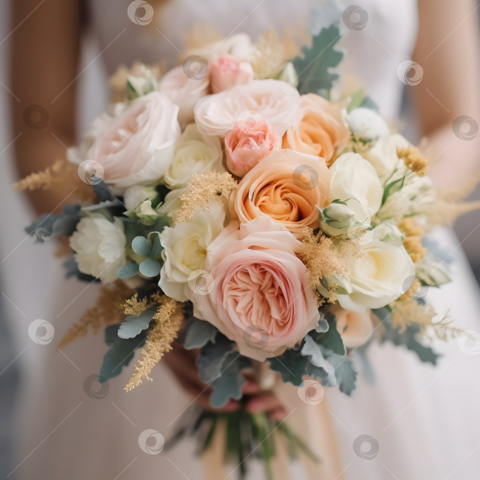 Скачать Свадебный букет в руках невесты, красивые свадебные цветы. Свадебный букет невесты с пастельно-розовыми розами в женских руках. Утро невесты. Концепция свадьбы. Созданный искусственным интеллектом фотосток Ozero