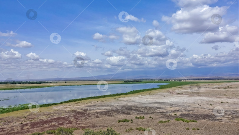 Скачать Голубое озеро на сухой красно-коричневой земле саванны. фотосток Ozero