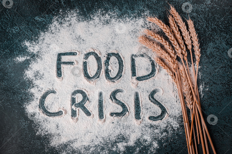 Скачать Надпись "ПРОДОВОЛЬСТВЕННЫЙ кризис" на муке рядом с пшеницей. Темный фон фотосток Ozero
