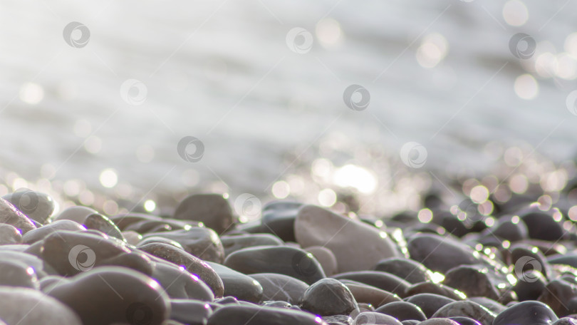 Скачать Морская галька, камни и вода, расфокусированное солнце освещает природный фон боке. Фон из натуральных пляжных камней, обои с мягким фокусом. фотосток Ozero