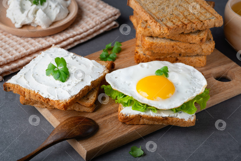 Скачать Бутерброды с творожным сыром, жареным яйцом и зеленью фотосток Ozero