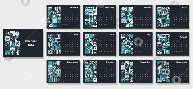Скачать Календарь на 2024 год с геометрическими узорами. Шаблон ежемесячного календаря на 2024 год с геометрическими фигурами. фотосток Ozero