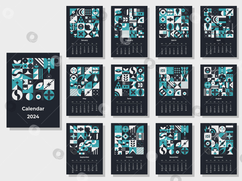 Скачать Календарь на 2024 год с геометрическими узорами. Шаблон ежемесячного календаря на 2024 год с геометрическими фигурами. фотосток Ozero