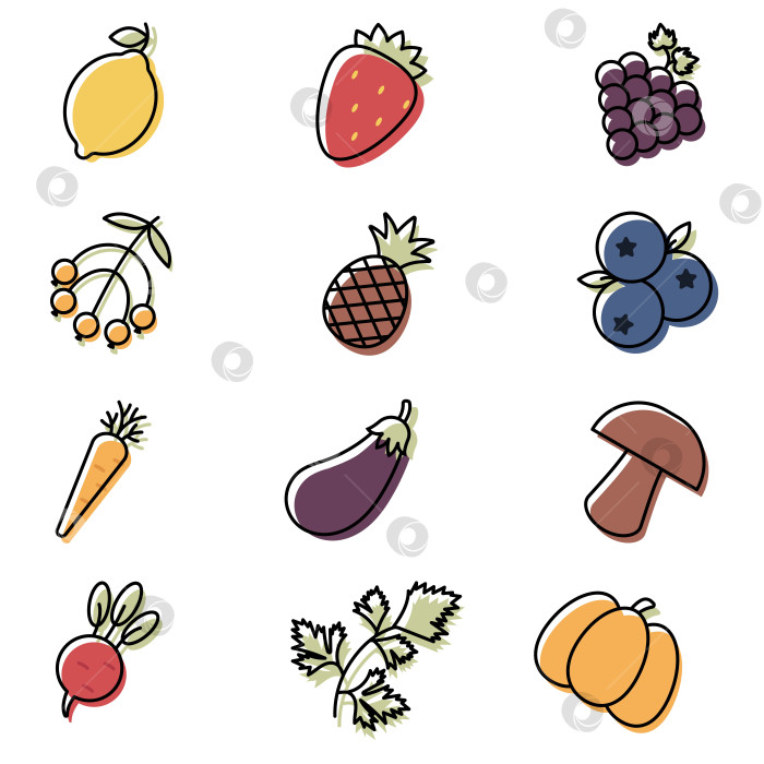 Скачать Значки фруктов и овощей в контурном или линейном стиле. фотосток Ozero