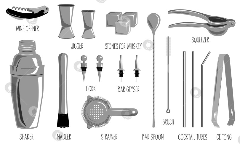 Скачать Барный набор. Тринадцать профессиональных инструментов для бармена. Металлические предметы для коктейлей. фотосток Ozero
