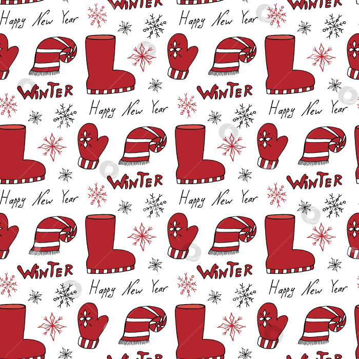 Скачать Бесшовный узор с новогодней красно-белой варежкой, снежинками, шарфом, ботинком, текстом "Зима" на белом фоне. Векторное изображение. фотосток Ozero
